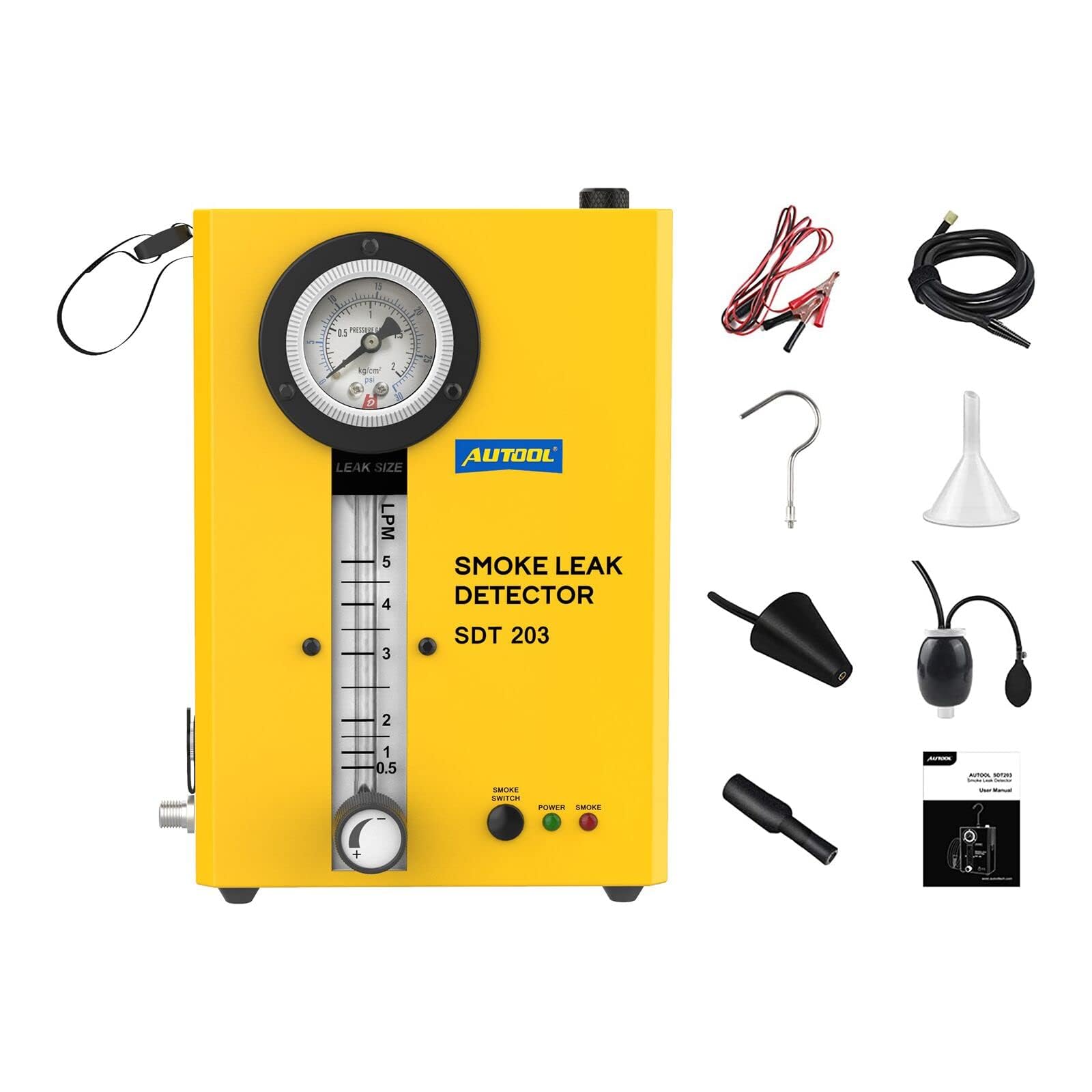 AUTOOL SDT203 Machine à Fumée Automobile, Système EVAP Détecteur de Fuite de Fumée avec Pompe à Air/Indicateur de Débit/Manomètre pour Véhicules DC12V