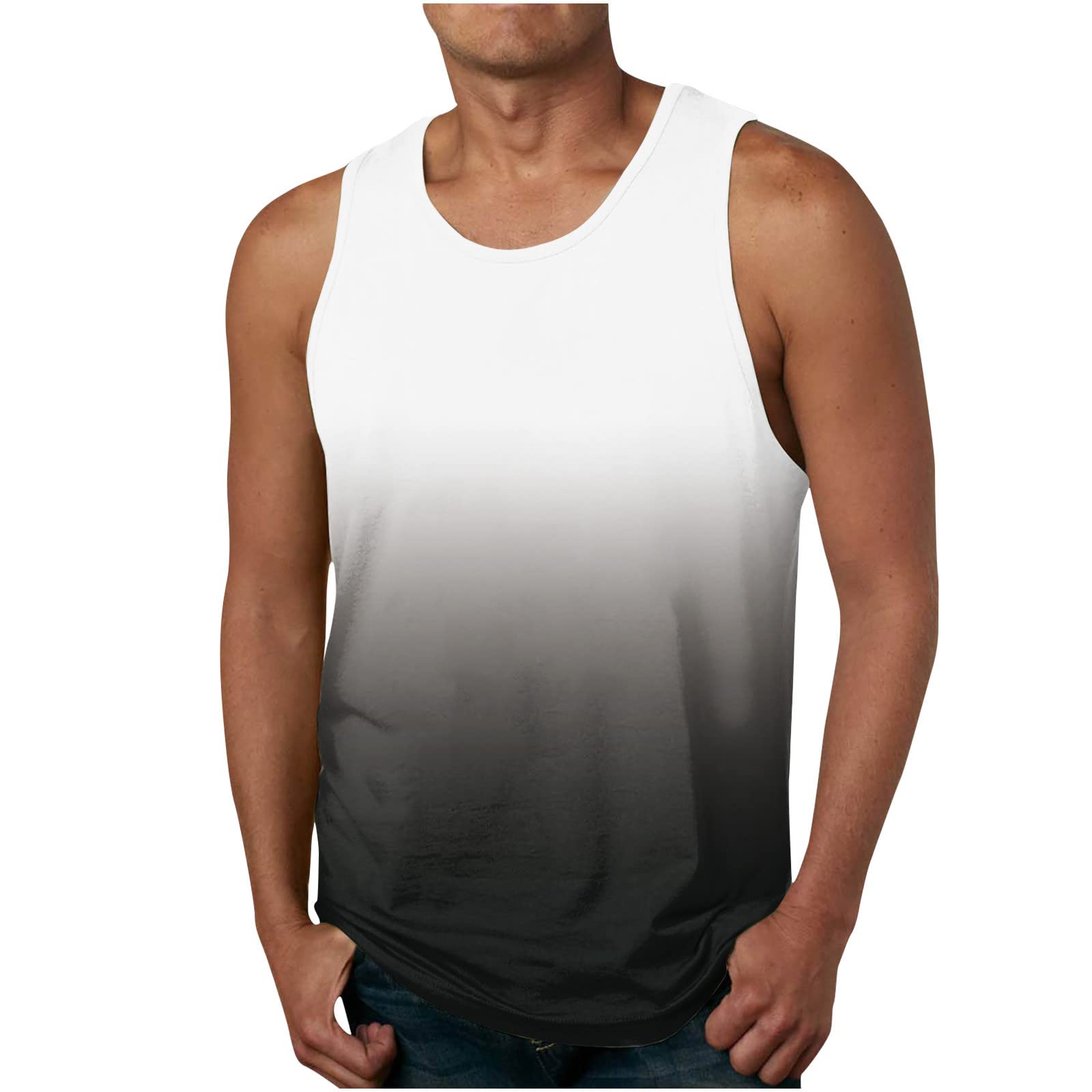 MuscularfitBeach Shirts for Men 2023 Regular Big and Tall Gradient Color Sleeveless Tank Tops Summer Casual Round Neck Shirt