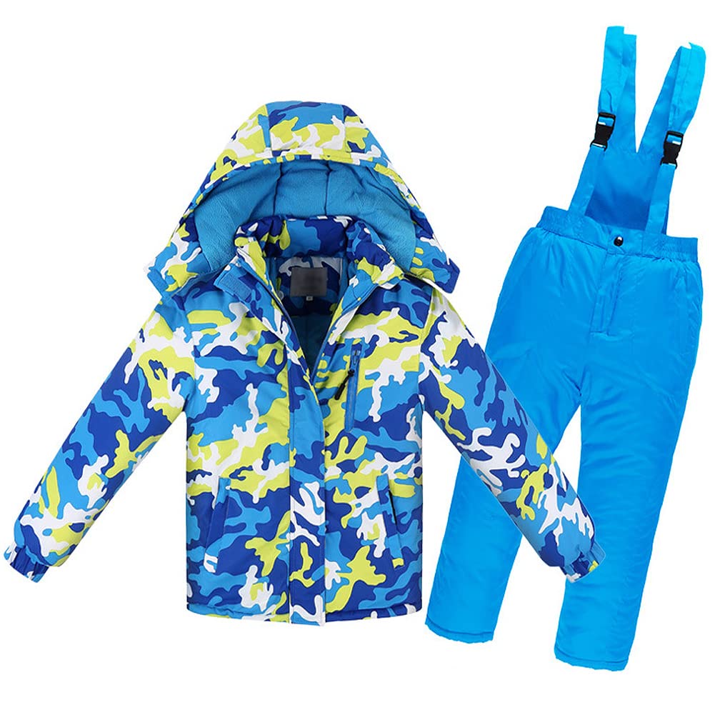 Combinaison de ski Enfant Garçon Fille Ensemble 2pcs Veste de ski + Salopette Pantalon Tenue de ski Imperméable Coupe-vent Vêtements de Neige, Bleu, 7-8 ans