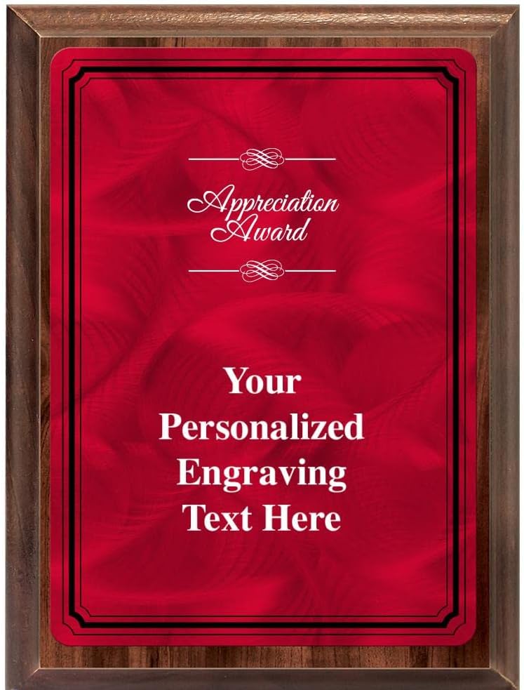 Crown Awards 7"x9" Red Metal Plate Appreciation Plaque, Customized Appreciation Wood Finish Plaque Award with Your Text Red Plate