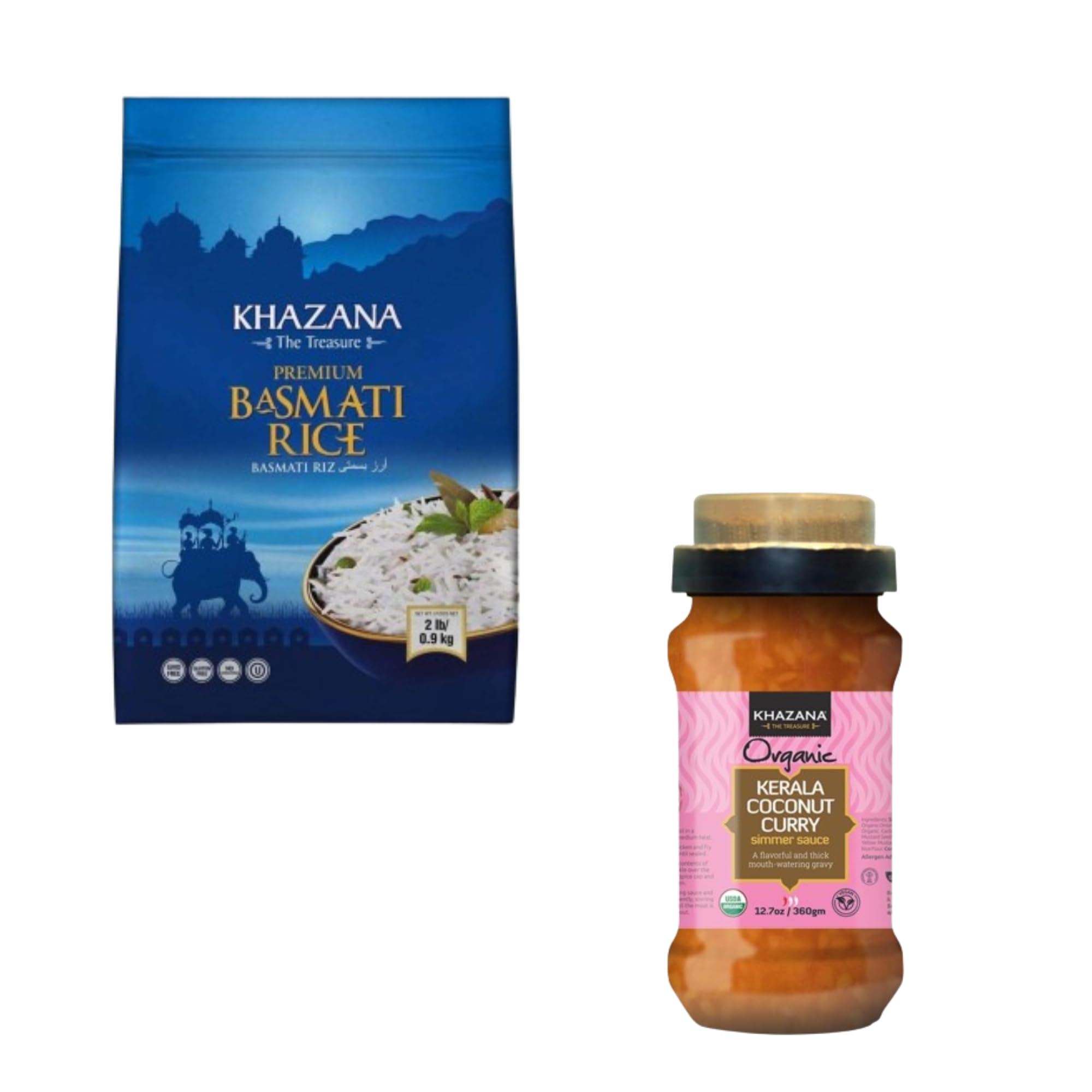 KhazanaAuthentic Basmati Rice - 2lb Premium Basmati Rice and 12.7 oz Kerala Coconut Curry Indian Simmer Sauce - Non GMO, Gluten-Free, Kosher & Cholesterol-Free