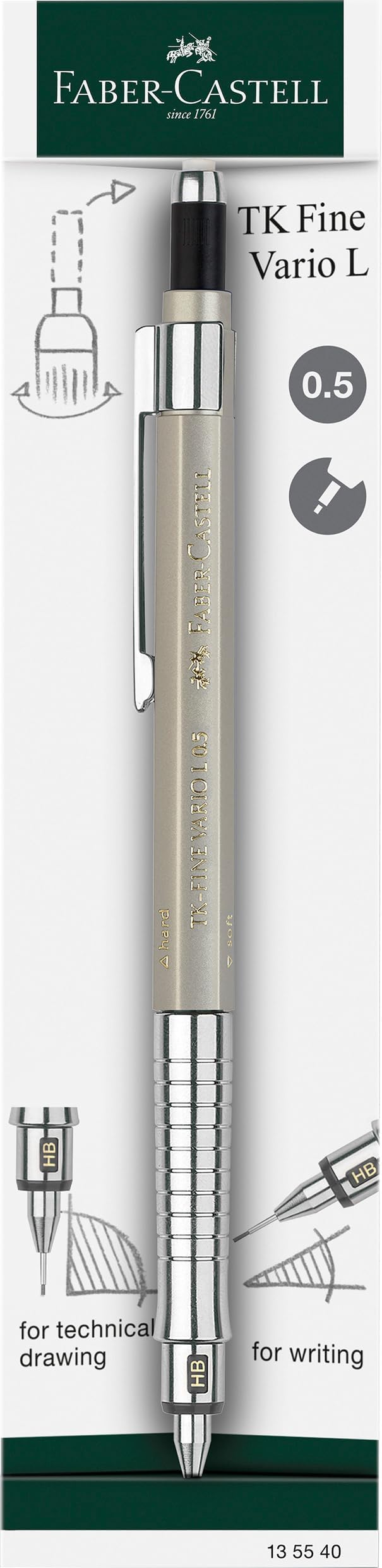 Faber-Castell 205206 - Matita meccanica Grip Matic nera, 5 pezzi, durezza B, mina 0,7 mm, gomma inclusa