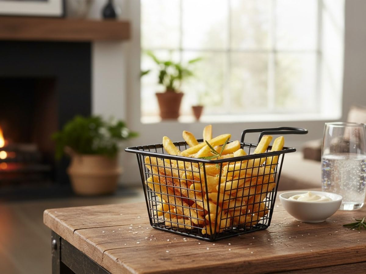 LS-LebenStil 2x Pommes-Korb Servierkorb Frittierkorb für Pommes mit Griff 2´er Set Schwarz 22x13x8cm Quadratisch dickes Servierkörbchen zum Servieren Präsentieren von Speisen Zwiebelringe Garnelen