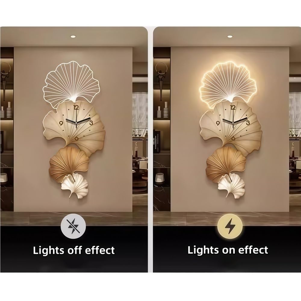 Orologio da parete con luci a LED, design elegante con foglie per soggiorno e camera da letto, decorazione da parete per corridoio e ingresso