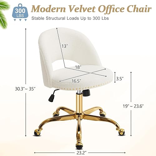Vista 74 de VINGLI Silla de oficina pequeña de terciopelo moderna, bonita silla de escritorio con ruedas, base dorada/tachuelas, cómoda silla giratoria sin Beige