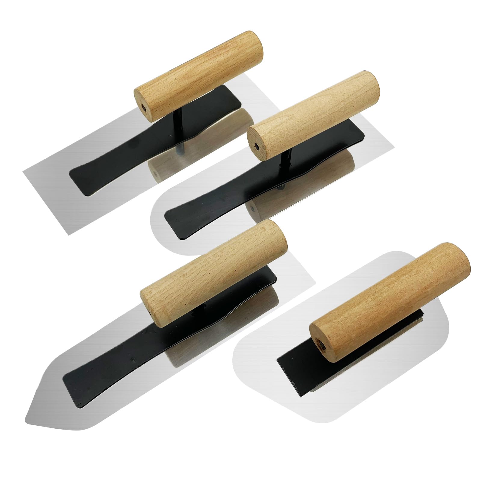 Plaster Finishing Trowel Set, 4 Pack Polished Stainless Steel Concrete Trowel with Wood Handle, 0.3mm Thickness Paint Plastering Hand Tool for Drywall Repairs and Spreading