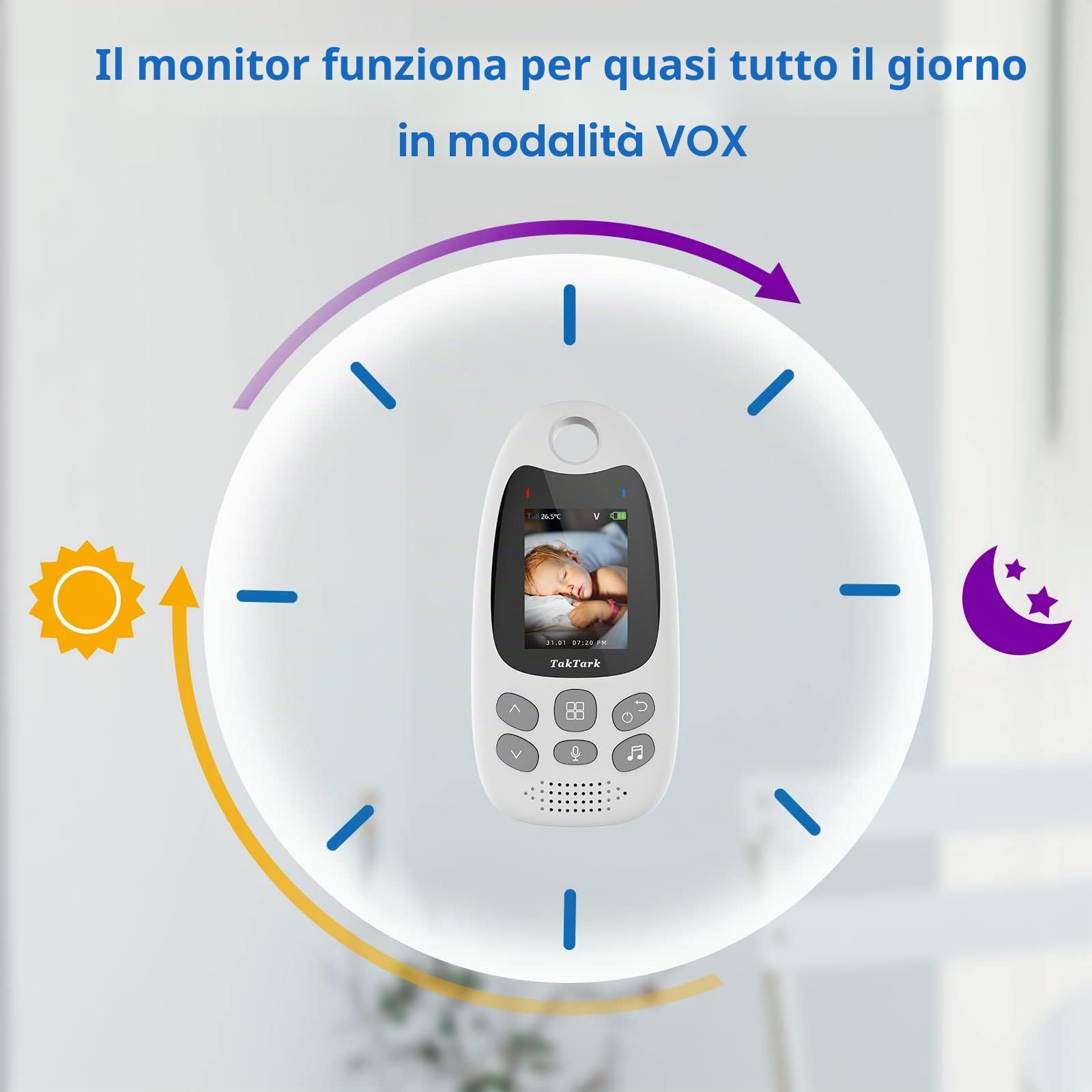 TakTark Baby Monitor, 2.0'' Videocamera Baby Monitor Video e Audio con Visione Notturna Telecamera Bambini con Monitor con Sensore di Temperatura e VOX, Monitor Bambini Ninne Nanne