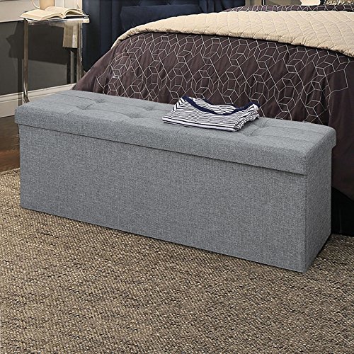 SONGMICS Folding Storage Ottoman Bench, Foot Rest, Stool, Storage Chest with Wooden Divider, Holds up to 660 lb, Light Grey ULSF77G