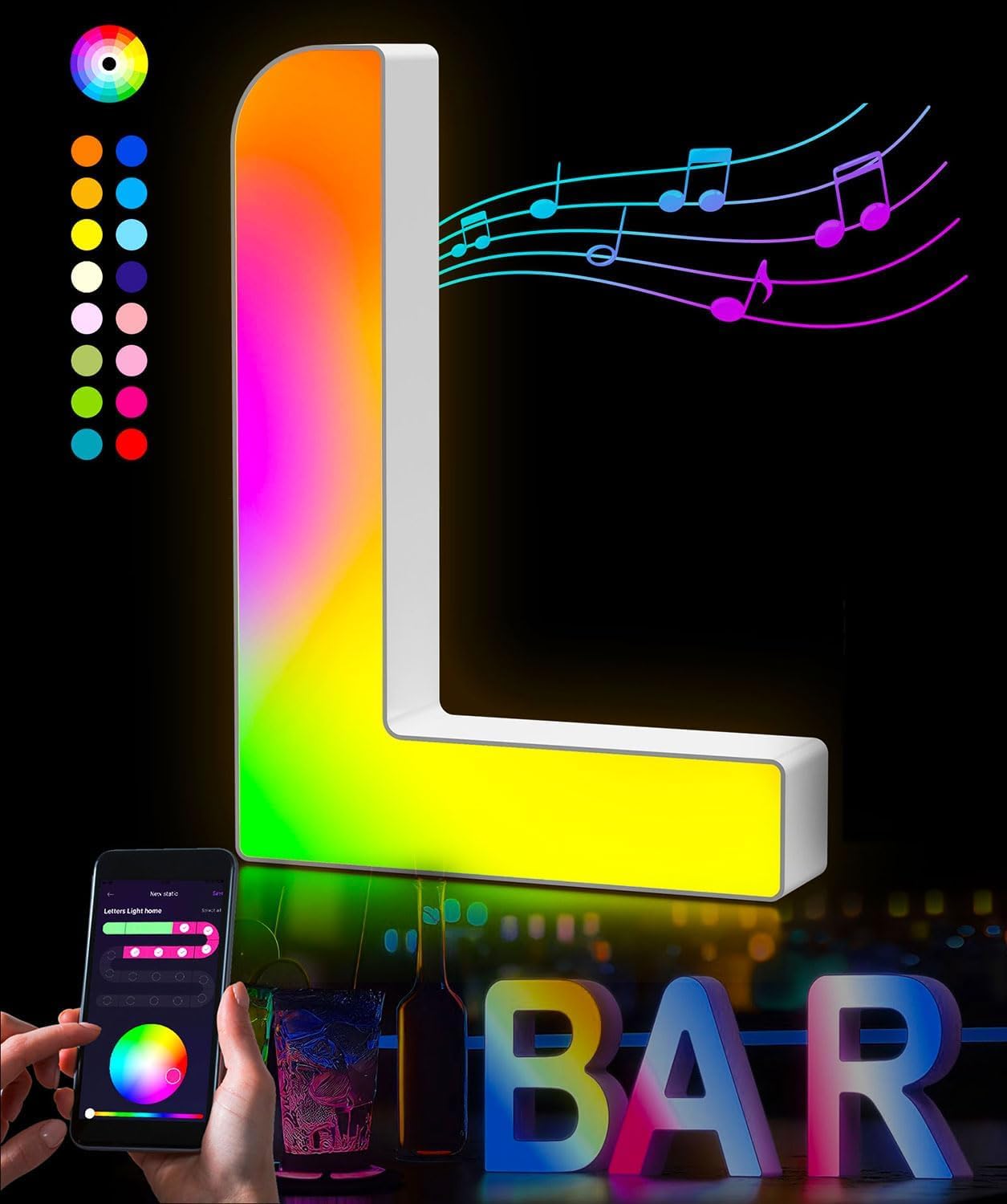 KIMIMARA Luci a LED con lettere alfabeto – Luce a LED con alimentatore USB, controllo app musica sincronizzabile per compleanno, Natale, matrimonio, feste, San Valentino e festival, decorazione（L）