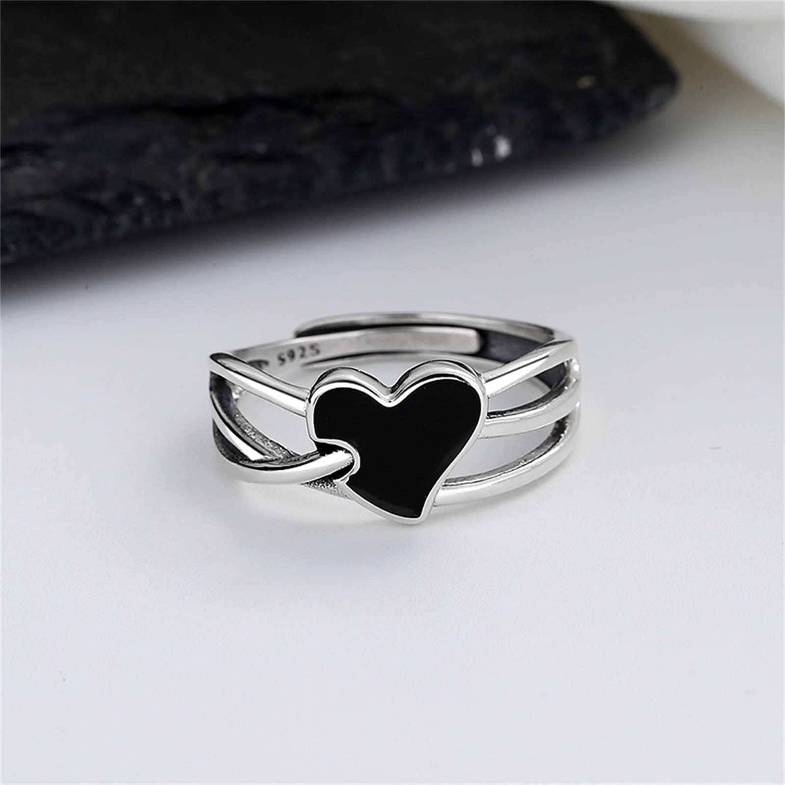 HMJGDHX S925 Sterling Retro wielowarstwowy czarny emaliowany pierścionek w kształcie serca moda hip-hop otwarty regulowany pierścionek odporny na matowienie dopasowany pierścionek z obrączką,