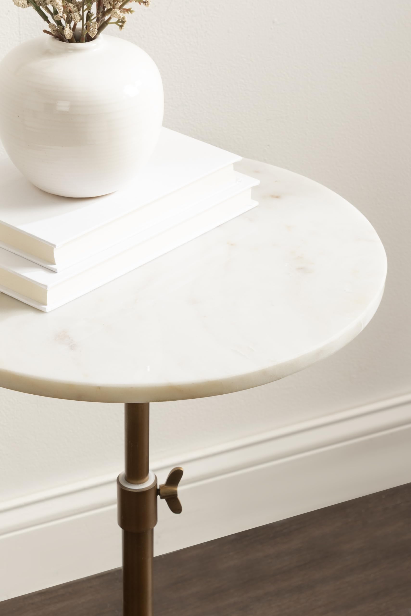 Kate and Laurel Engles Traditional Adjustable-Height Pedestal Side Table, 14 x 14 x 30, White Marble and Antique Brass, Vintage Round End Table for Use as Indoor Plant Stand with Authentic Marble Top