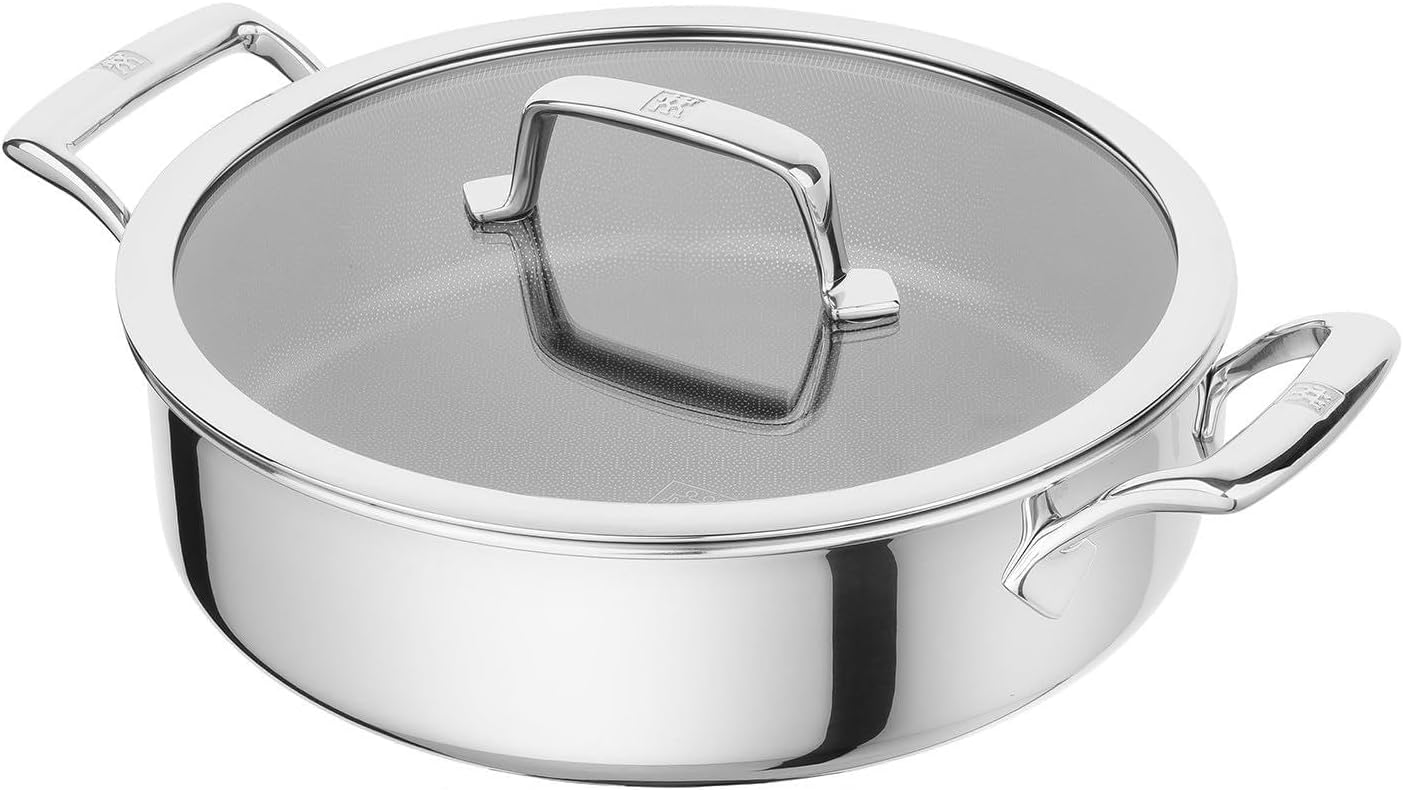 ZWILLING Peak Serving Pan 26 cm, 2 Handles, Stainless Steel, Non-Stick Honeycomb Coating, Particularly Scratch-Resistant, Glass Lid, Suitable for All Cookers, Suitable for Induction, Silver/Black
