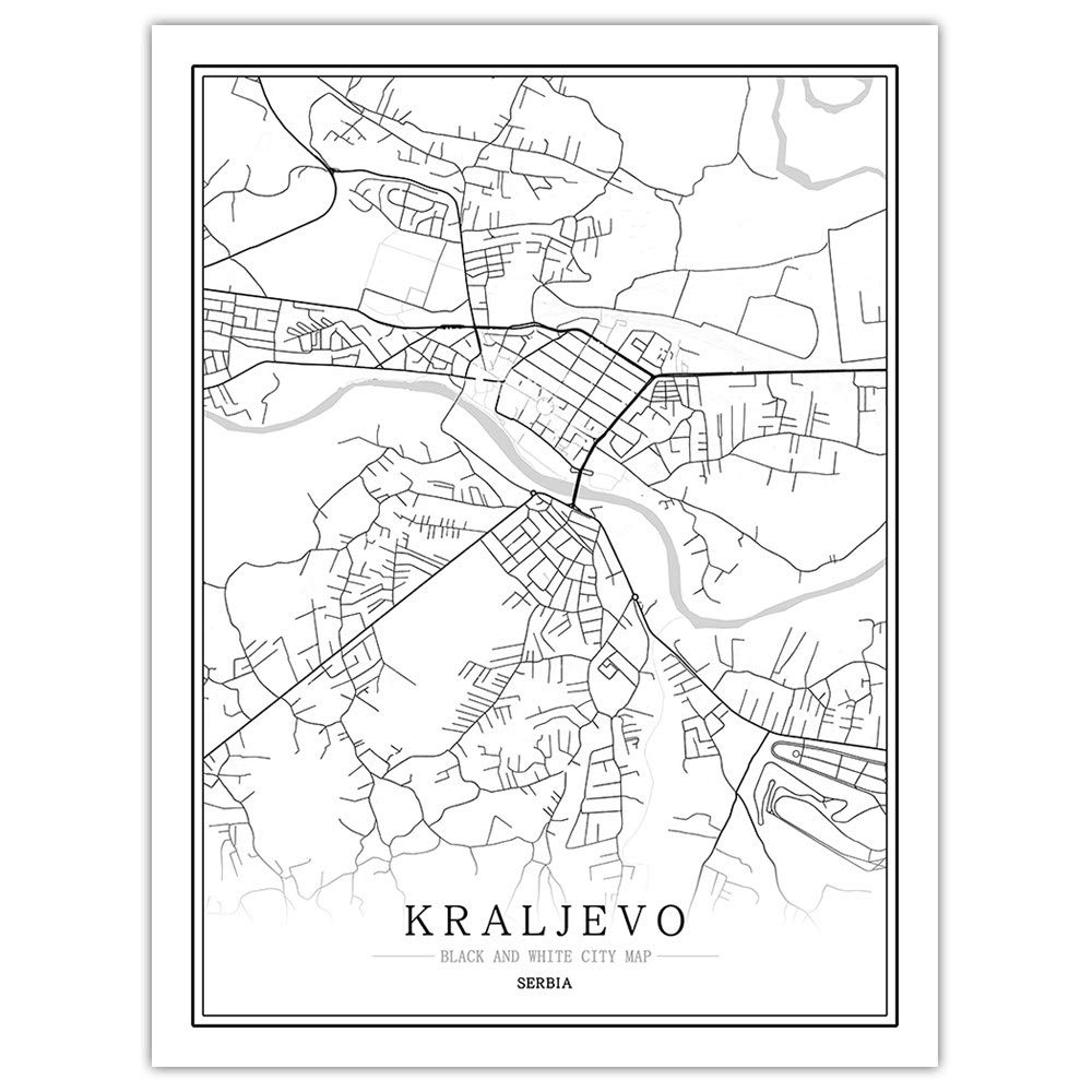Carte de Kraljevo Serbie affiche noire et blanche toile 70x100cm
