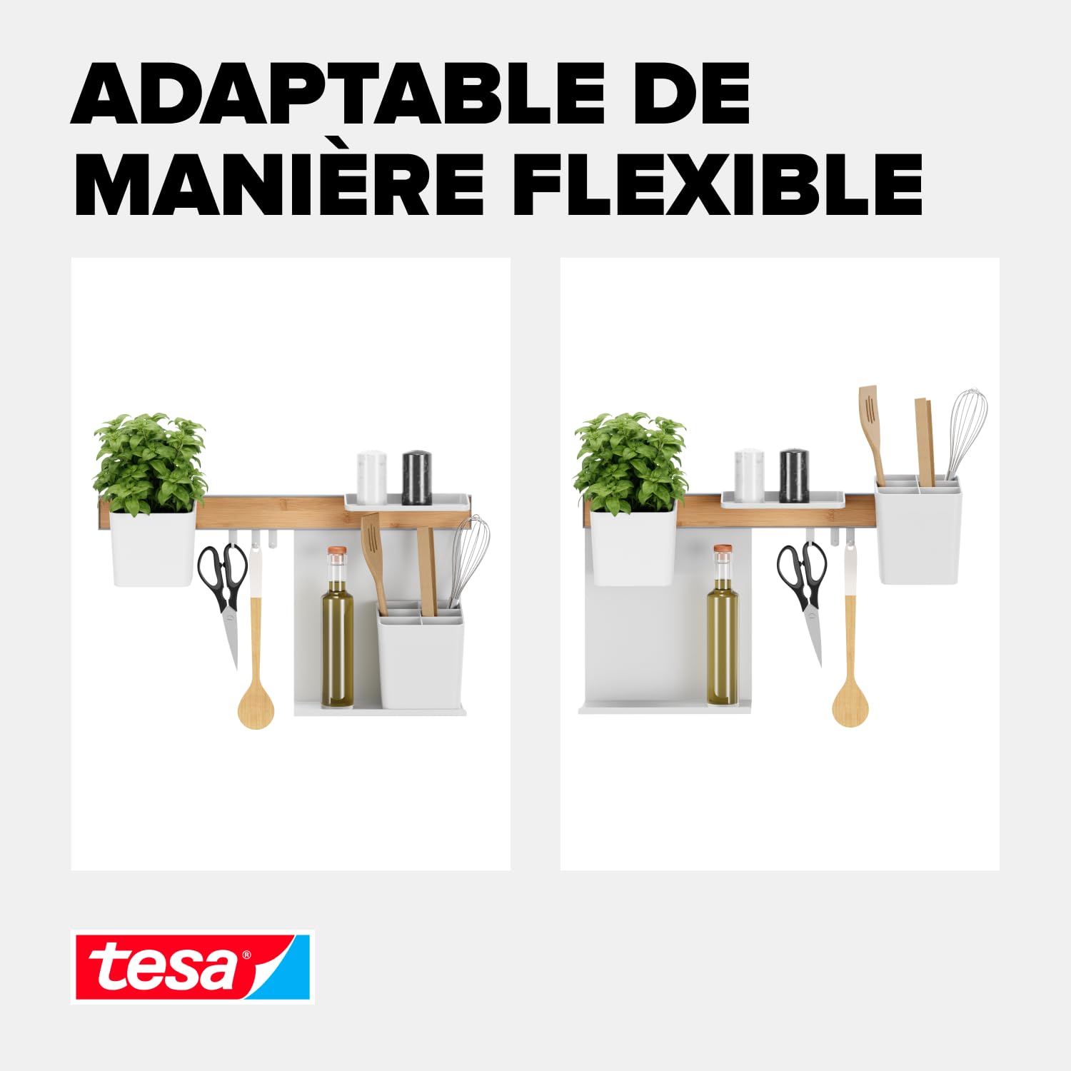 Tesa Rangement de Cuisine Combiné M - Barre de Crédence Autocollante avec Pot à Herbes, 2 Étagères, Porte-Ustensiles, Barre à Crochets Comprenant 3 Crochets - Montage sans Perçage - Bambou/Blanc