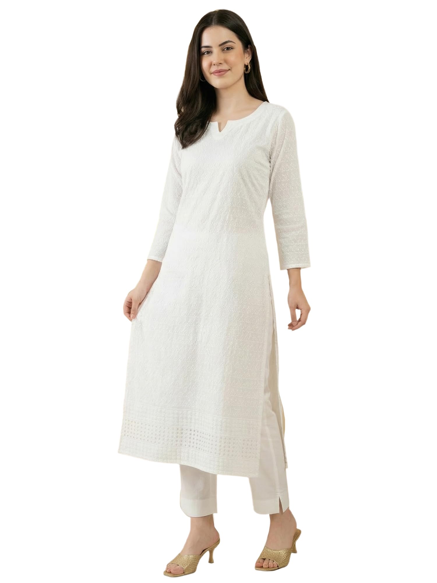 Women's White Cotton Embroidered Thread Work Straight Kurtas (IEAI13501)-image-17