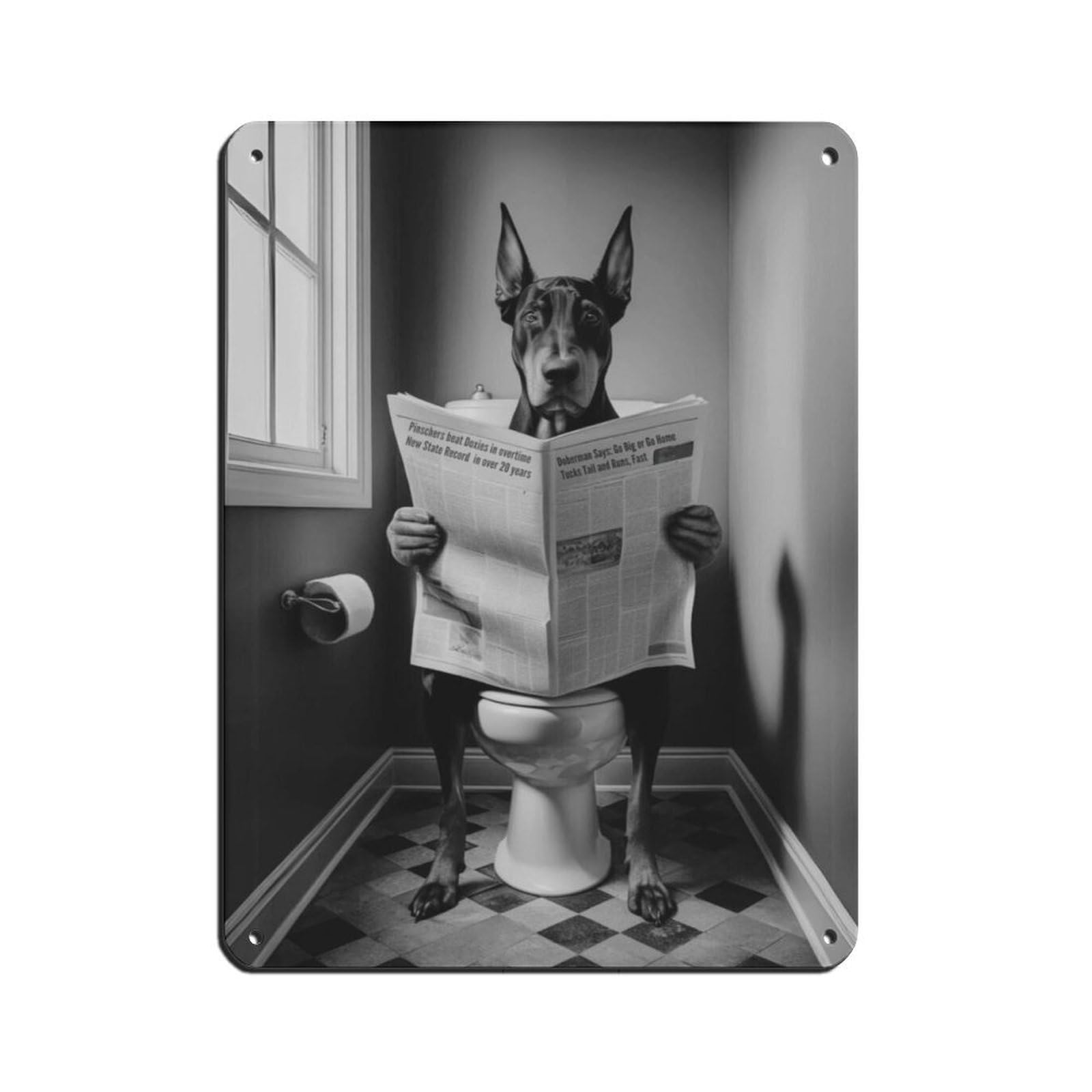 Doberman Pinscher Dog on Toilet Art Retro Poster Metal Tin Sign Chic Art Retro Iron Painting Bar People Cave Cafe Family Garage Poster Wall Decoration 12x16inch(30x40cm)