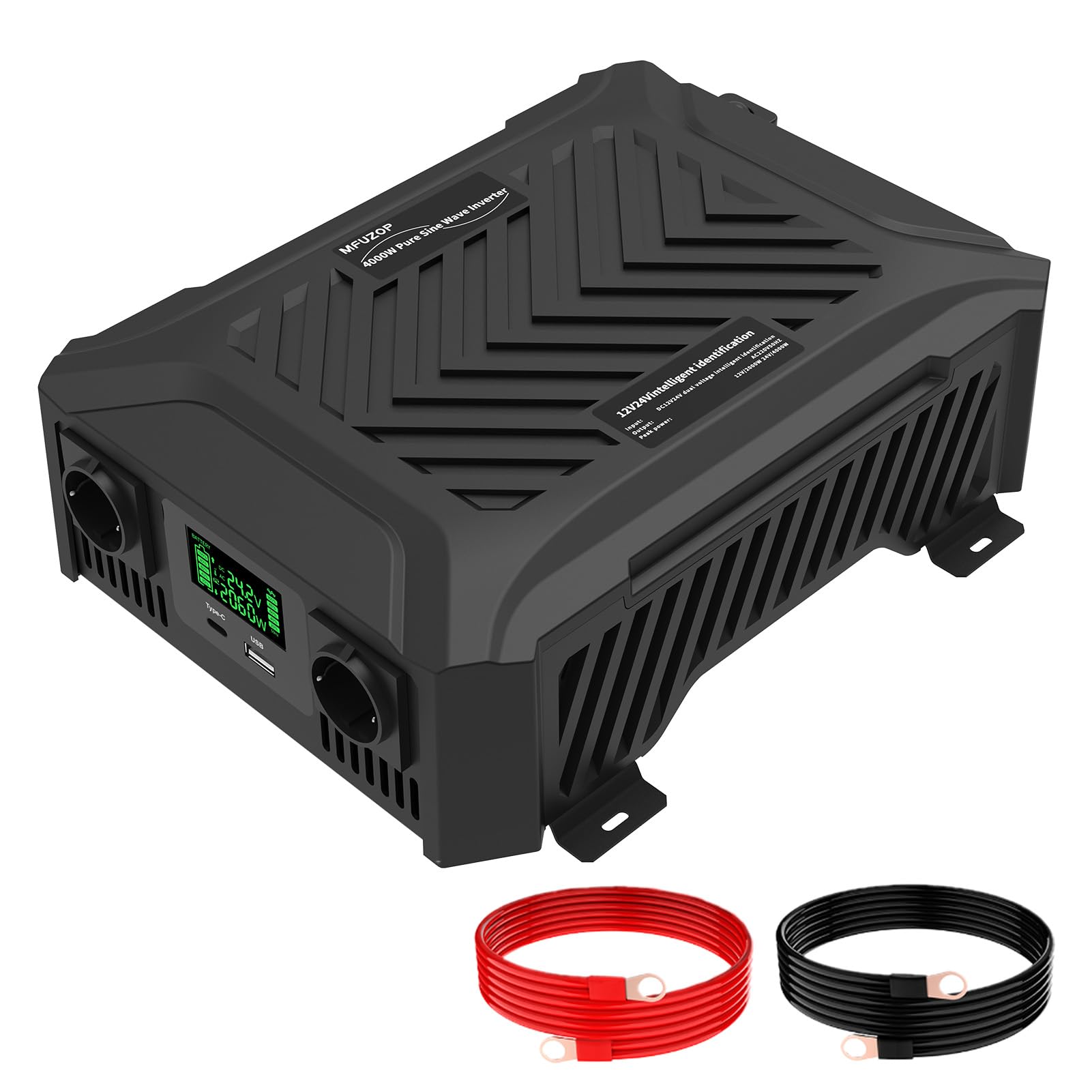 MFUZOP Power Inverter 12v/24V 220v onda pura 1200W/2300W Convertitore con sistema di rilevamento intelligente, con 2 prese AC, 1 porta Type-C, 1 porta USB 5V 2.1A & LCD-Display