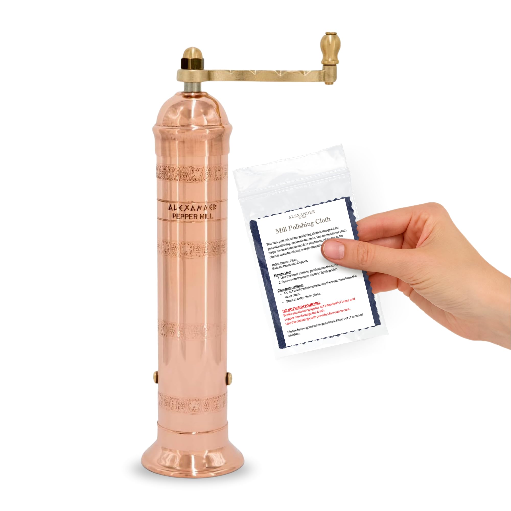 Alexander Home The Original Greek Pepper Mill 9 Inch Tall | European Pepper Mill Grinder with Crank Handle | Manual Pepper Grinder | Peppercorns Refillable - Copper…