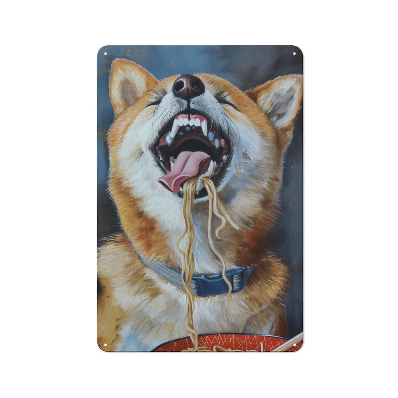 Junmoney Shiba Inu Eating Noodles Office Metal Sign With Design 30X20cm, Classic Study Room Decor For Office, Study, Studio Or Hallway