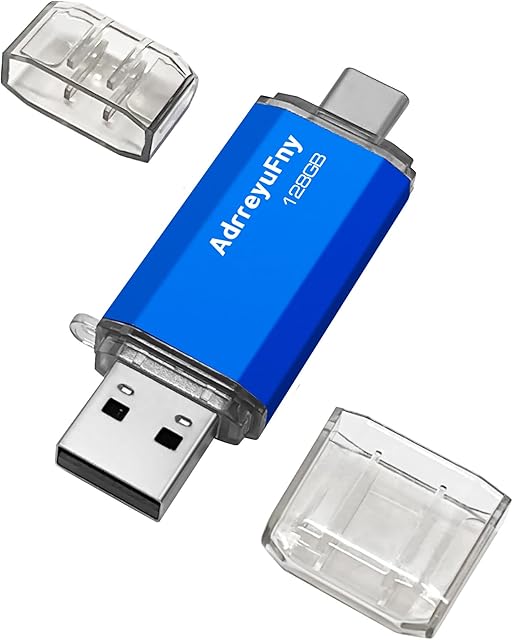 USB C Memory Stick 128 GB, Type C Dual OTG USB Flash Drive 2 in 1 Pendrive USB 2.0 128 GB Thumb Drive with Cap Pen Drive with LED Light for Smartphones, Tablets, PC etc External Storage Data (Blue)