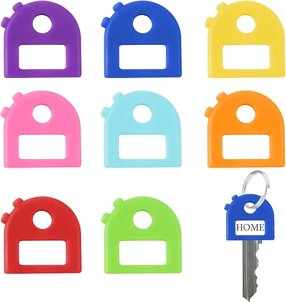 8 Pcs Key Covers Caps Stretchy All-in-One Key Caps Tags Covers Set 8 Colors Key Identifiers Covers 1 Inch Key Covers Protectors with Blank & Printed Labels Coded ID Key Labels Tags