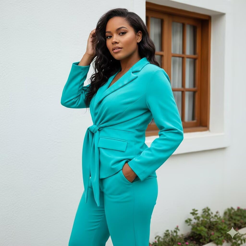 Womens Suits 2 Piece Set Business Casual Work Outfits Office Long Sleeve Tie Waist Blazer and Pants Sets - Image 5