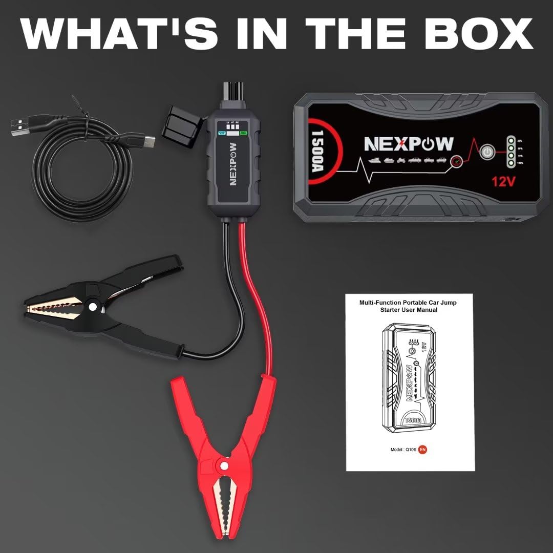 NEXPOW Avviatore Batteria Auto, 1500A Portatile Booster Avviamento (Fino 7.0L Gas O 5.5L Diesel),12V Avviatore Di Emergenza per Moto, Starter Batteria Auto Con Torcia a LED&USB, Cavo Di Avviamento