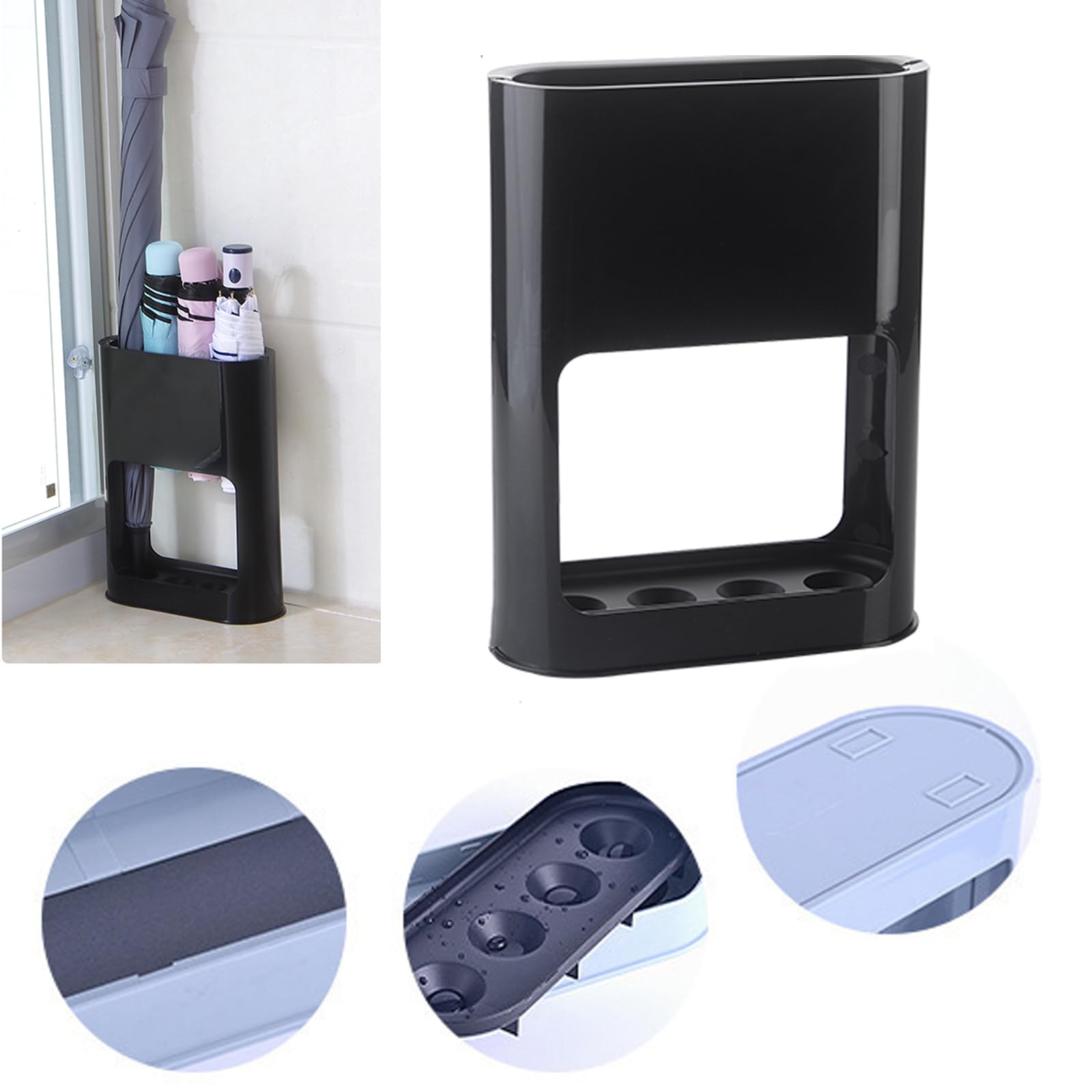 Portaombrelli Plastica, Porta-ombrelli Nero con Vaschetta Raccogli Gocce Rimovibile e Ventose in Silicone Antiribaltamento Portaombrelli Piccolo per Ombrelli Pieghevoli per Interni, Casa e Ufficio