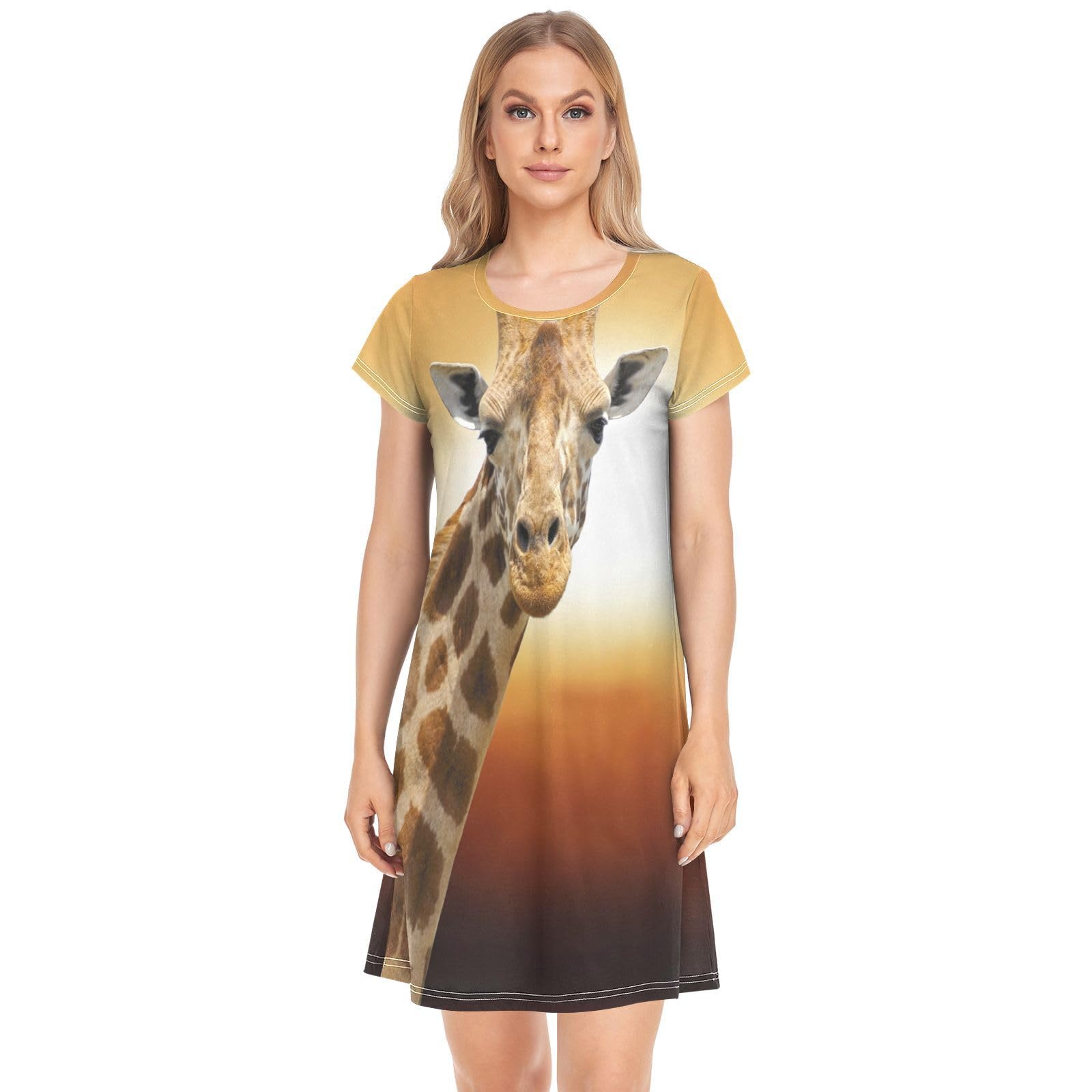 YOUJUNER Women's Nightdress Africa Animal Giraffe Nighties Nightgown Short Sleeve Nightshirt Sleepwear Loungewear T-Shirt Dress