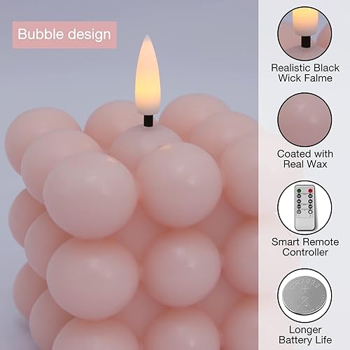 Miniatura 4 de duduta Velas de cubo de burbujas sin llama rosa con control remoto, 3 x 3 pulgadas, velas LED parpadeantes de cera real que funcionan con pilas