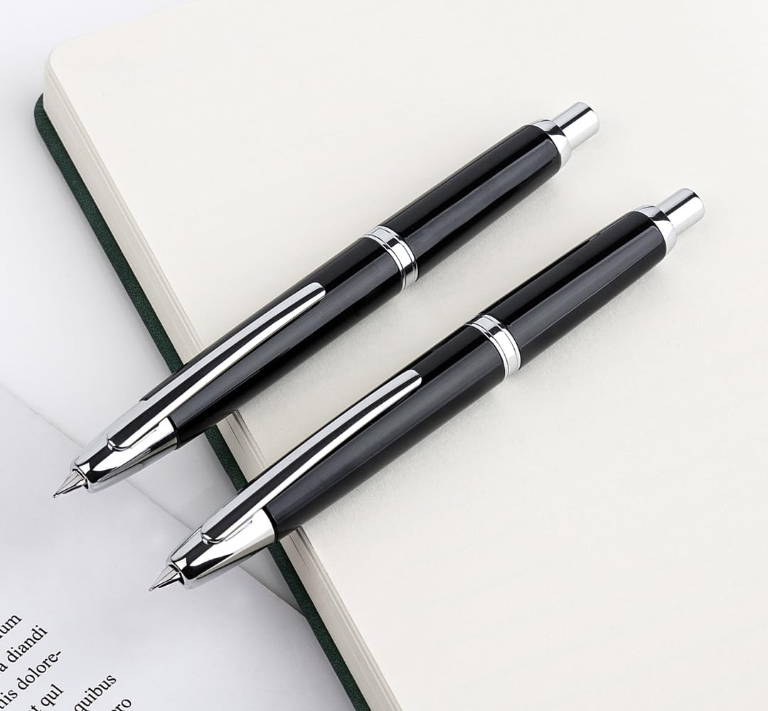 JINHAO 10 Press Füllfederhalter, einziehbarer Metallstift mit Tintenkonverter (F-Feder 0,5 mm, Hellschwarz)