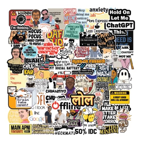 Image of Relatable Aesthetic Sticker Pack - Funny Quotes, Gen-Z Vibes, Desi Slang - 4 A4 Sheets - for College Students, Laptop, Skateboard, Notebook