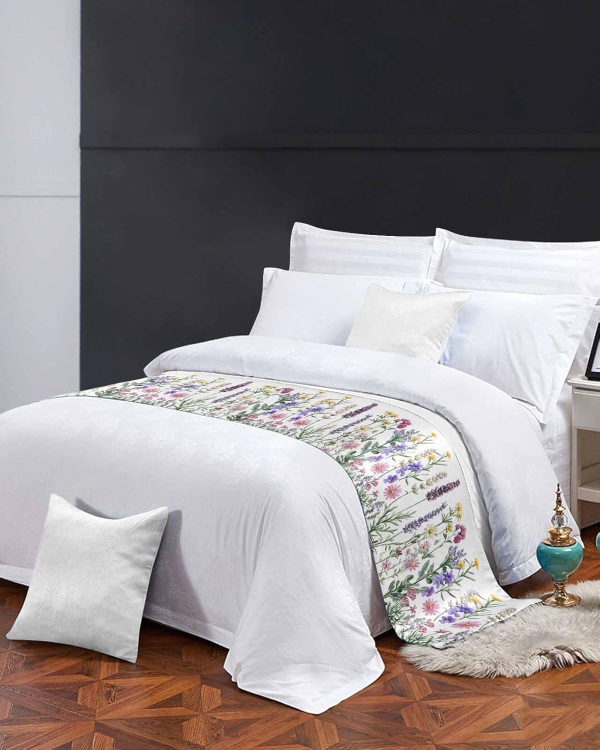 Farm Garden Flower Leaves Bed Runners for Bedroom Hotel,Decorative Bedding Scarf Watercolor Lavender on White Bed End Blanket Bedding Runner Scarves for Queen Size Bed,94x20in