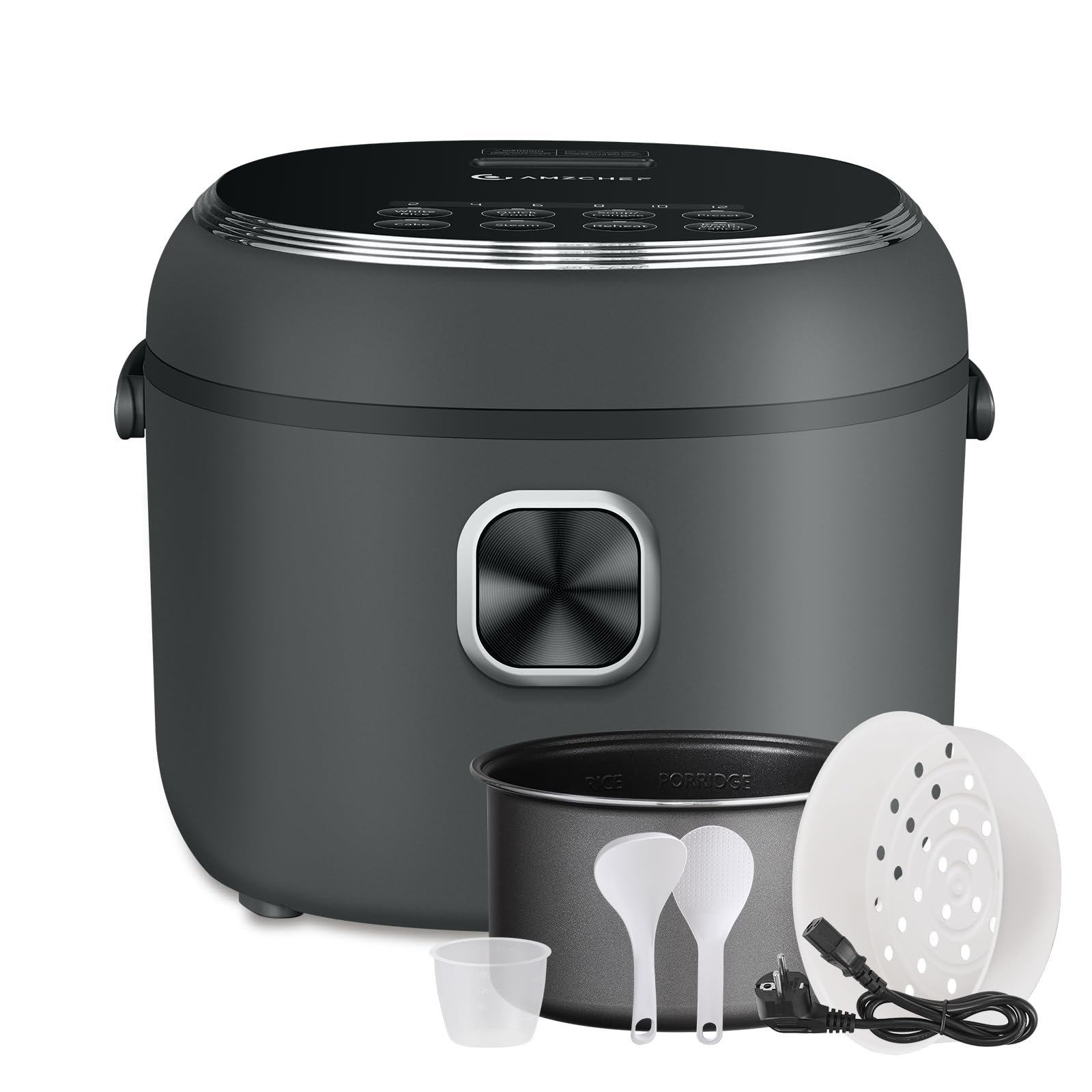 AMZCHEF Mini Cuociriso 2L, Multifunzionale per 1-4 Persone, 4 Tazze (Non Cotte) 400W Rice Cooker, 7 Funzioni di Cottura, con Cestello Vapore Incluso, Preimpostata e Mantenimento in Caldo