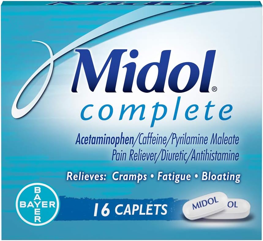 MidolComplete, Menstrual Period Symptoms Relief Including Premenstrual Cramps, Pain, Headache, and Bloating, Caplets, 16 Count, Packaging May Vary