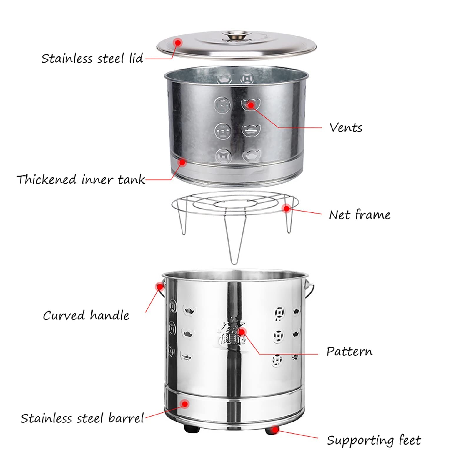 incinerador de Metales, Garden Incinerator Burning Fire Bin Paper Burning Barrel Stainless Steel Incinerator Burn Barrel Including Grid Frame, Fire Hook, Liner(Gold,42.5CM)