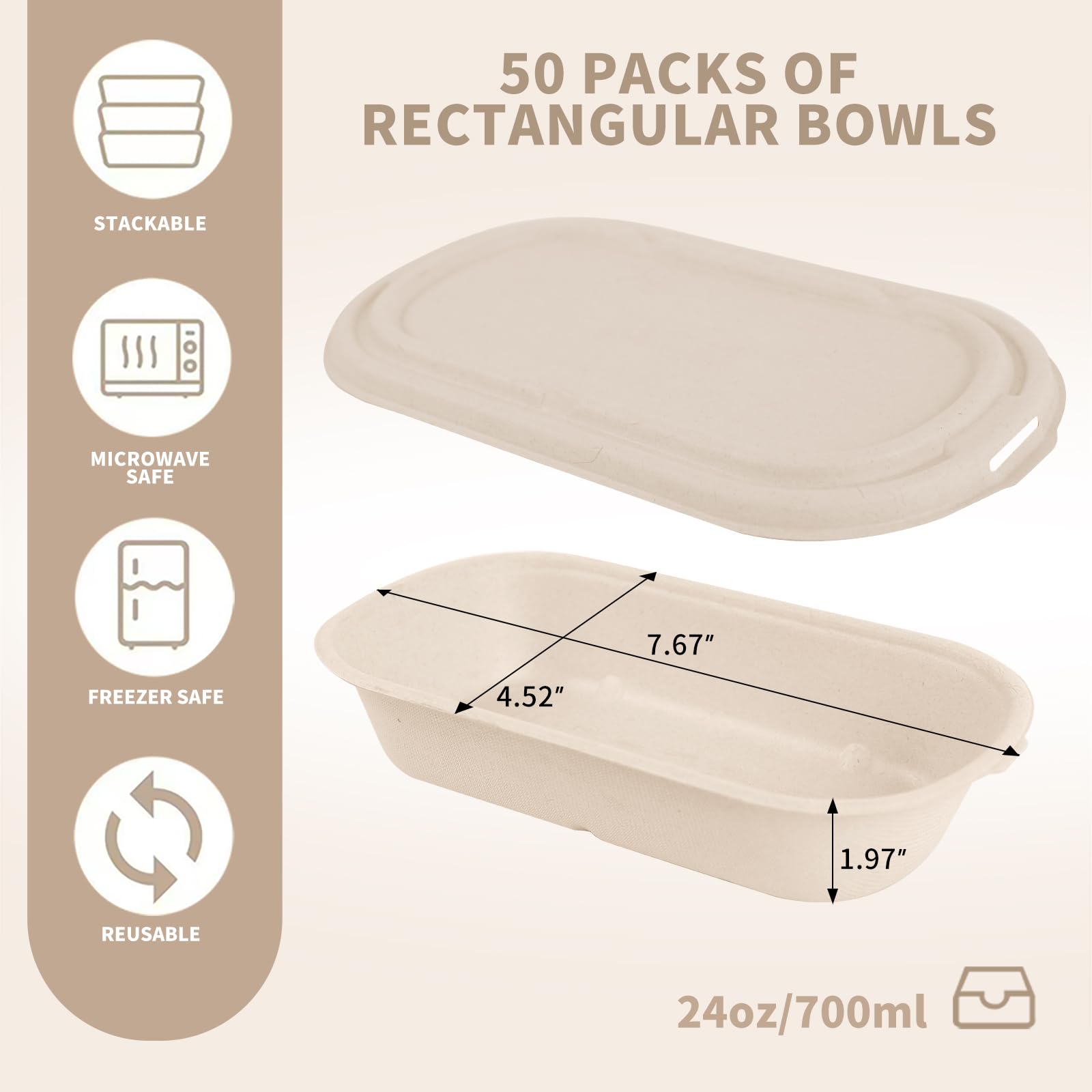 50 recipientes desechables de comida preparada con tapas, compostables para microondas y congelables, recipientes para llevar ensalada para cuencos de comida y cajas bento.