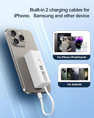 Miniatura 4 de Mini cargador portátil pequeño banco de energía de 5000 mAh con cables USB C y LT incorporados, cargador portátil ultra compacto para iPhone 15 14