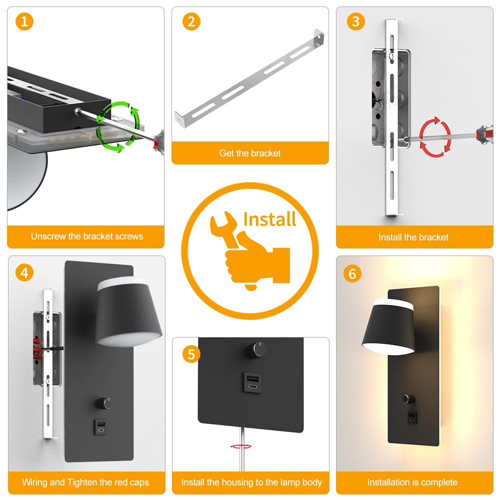 Sytmhoe Nachttischlampe Wandmontage mit Schalter USB C Dimmbar 16W 2 Stück | Schwarz matt 3000K Drehbar Wandleuchte Etagenbett, Kinderzimmer Leselampe mit Ladebuchse, platzsparende Schlafzimmer ohne