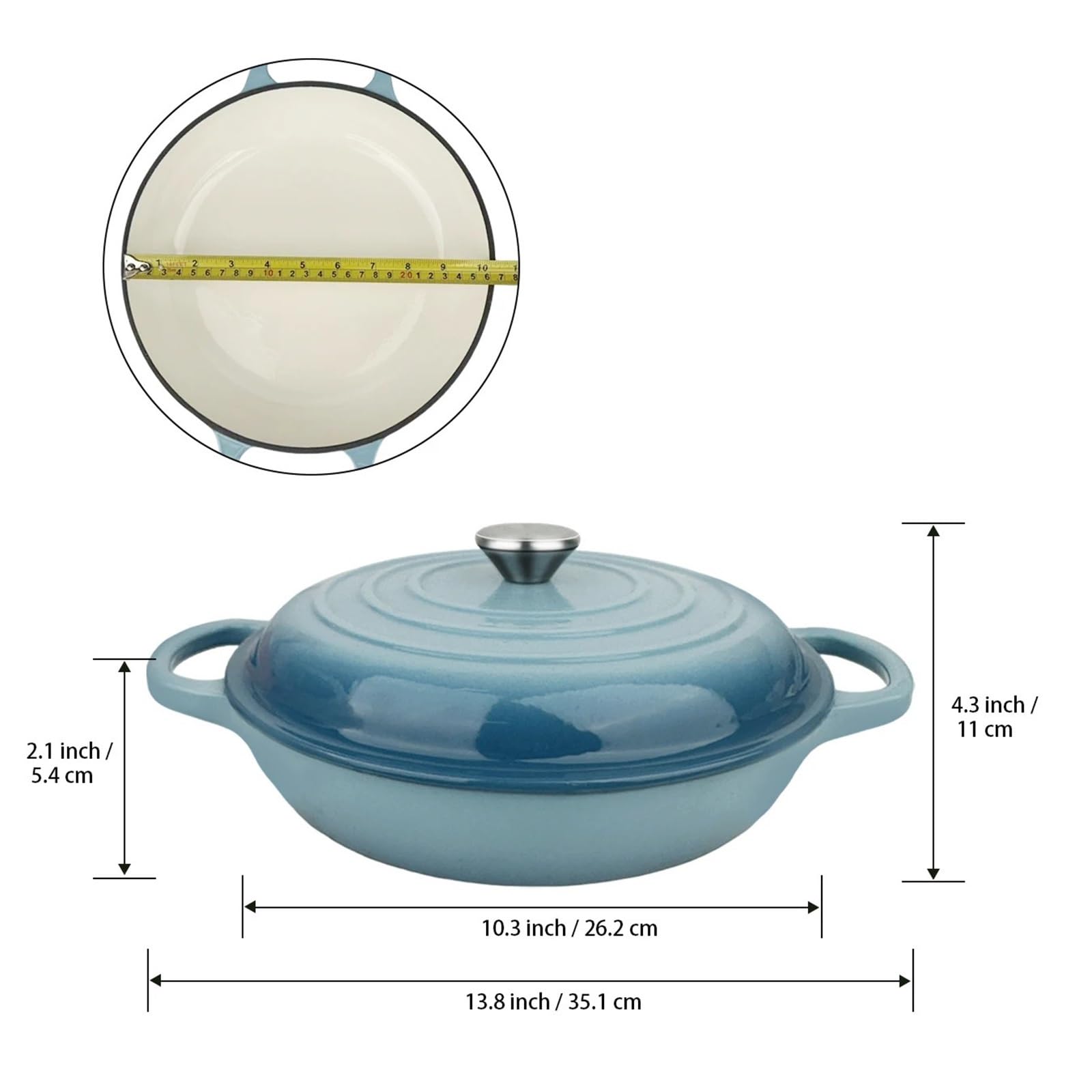 Pentola Smaltata Per Minestra Forno ovale in ghisa smaltata - Pentola pesante con coperchio, 2,5 QT, doppio manico, rosso e blu, for la cottura del pane, brodo, frutti di mare(Blue)