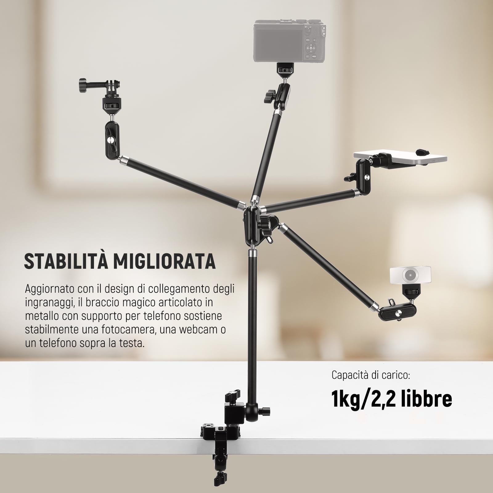 NEEWER 75cm Magic Arm Articolato con Super Clamp/Attacco Action Cam/Porta Telefono, Supporto Fotocamera da Tavolo Braccio Mic Boom Overhead, Compatibile con GoPro iPhone DSLR Webcam Mic Video, UA056
