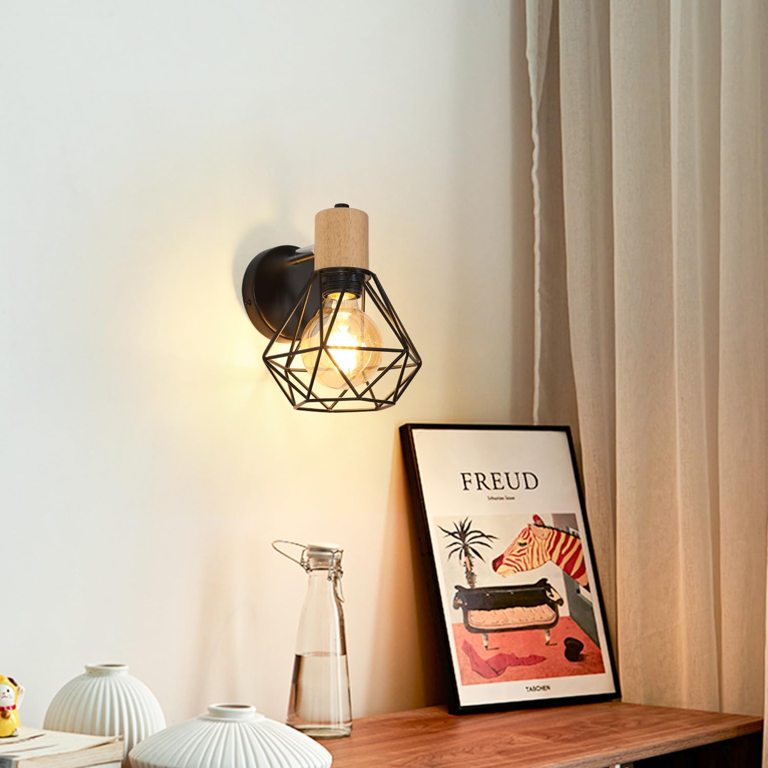 Comely Lampada da Parete Vintage, E27 Applique da Parete in Metallo e Legno, Regolabile Lampada a Muro Retrò per Soggiorno, Cucina, Sala da Pranzo e Camera da Letto