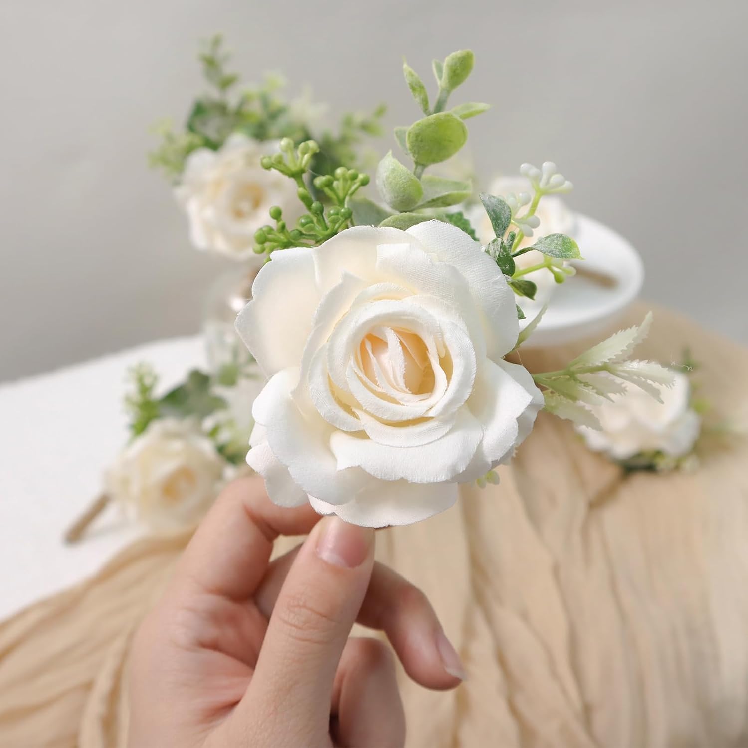 Ivory Rose Boutonniere for Men Wedding Set of 6 Groom Groomsmen Best Man Artificial Flowers Boutonniere for Wedding Ceremony Anniversary Prom Flowers Formal Dinner Party (6, White, Middle) - Image 4