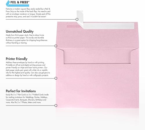 Miniatura 8 de LUXPaper Sobres de invitación A7 Despegar y prensar 5 14 pulgadas x 7 14 pulgadas Cuarzo rosa metálico Texto de 80 libras 50 unidades