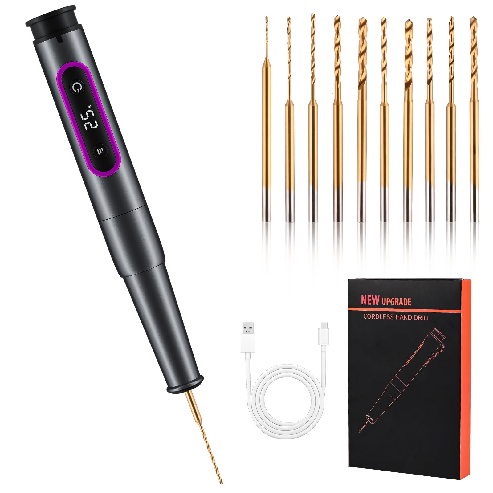 Diealles Shine Mini Trapano Elettrico a Batteria con 10 Punte, 5 Velocità, Ricarica USB per Gioielli/Legno/PCB