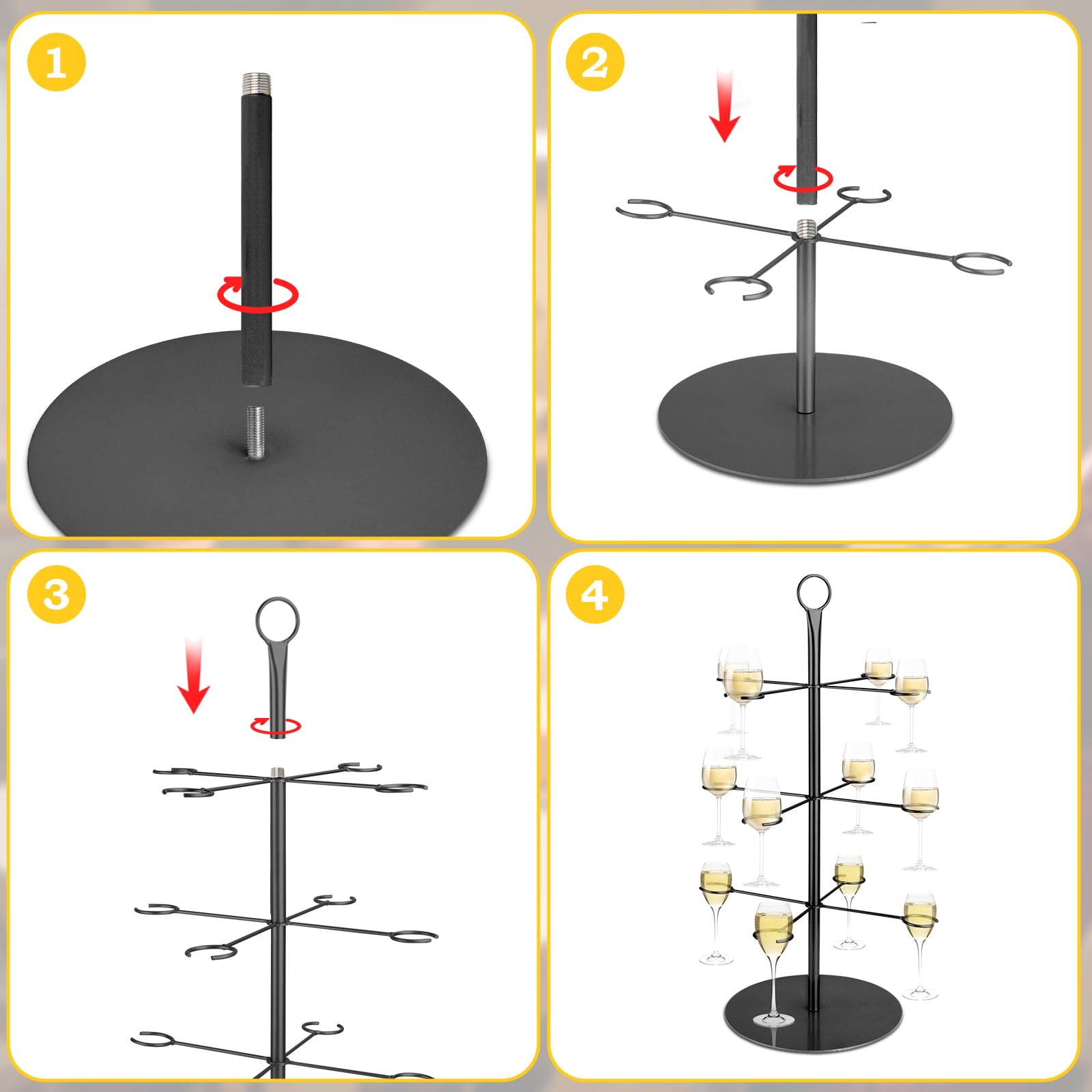 Bevande Torre, Cocktail Tree Stand in Metallo 3 Piani 12 Bicchieri Supporto per Albero di Cocktail per Bar, Casa, Feste, Gin, Aperol, Cocktail, Martini, Champagne, Vino (Nero)