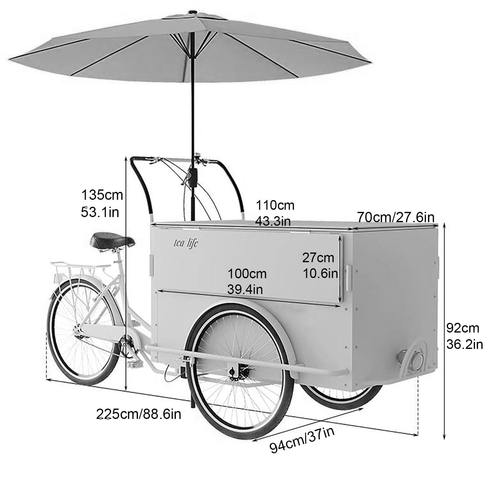 Carrello mobile con ombrellone e grande stoccaggio, ideale per eventi all'aperto e centri commerciali