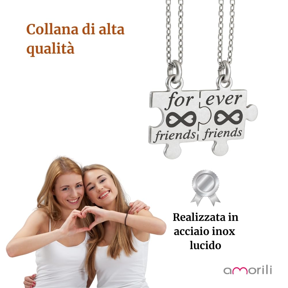 Collana Migliori Amiche BFF Puzzle Divisibile in Acciaio Inox | Set 2 Collane Amicizia | Ciondolo che si Divide | Idea Regalo Amiche Speciali cll1917