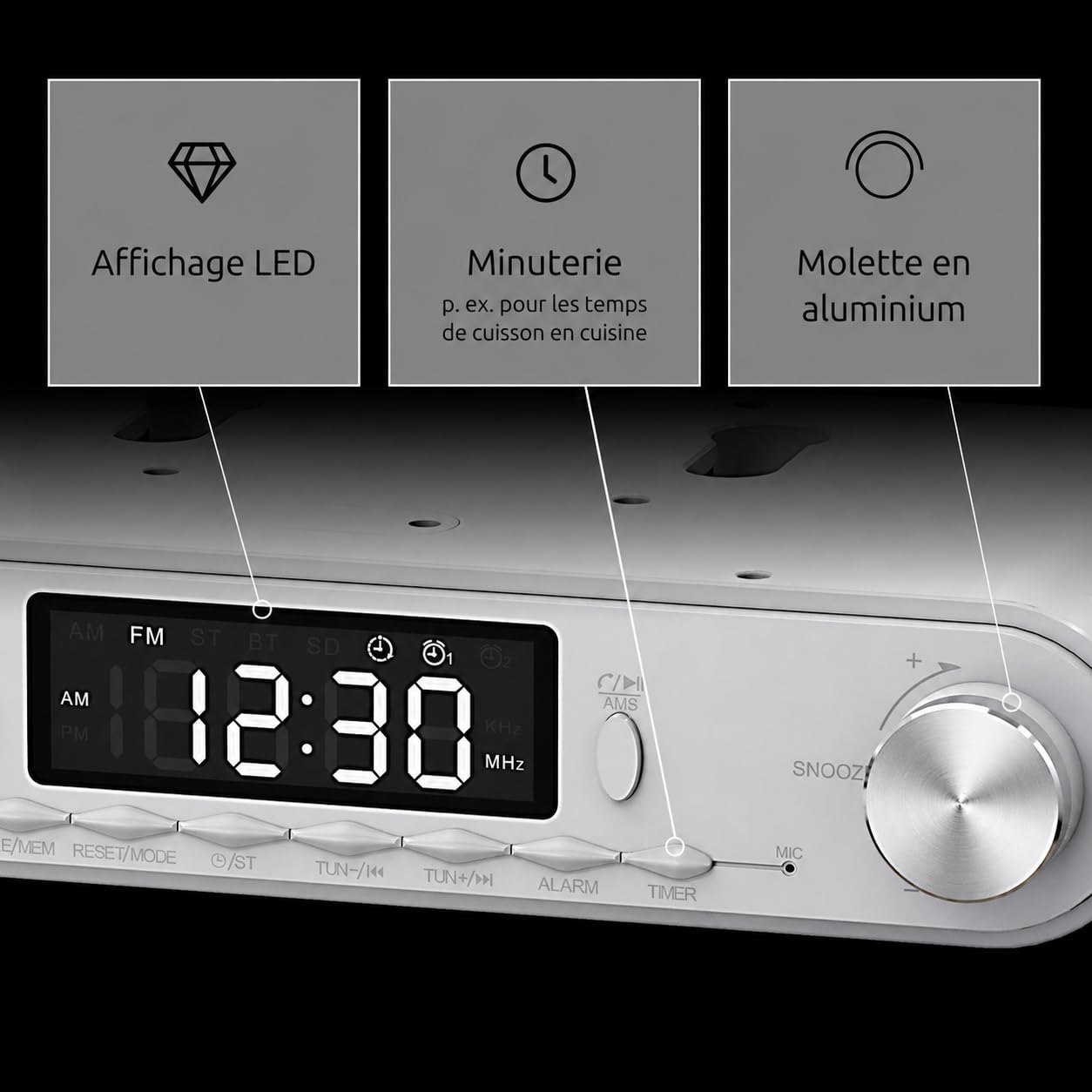 TechniSat Viola Radio de Cuisine - encastrable avec FM | écran LED, lampe de travail, minuterie, Bluetooth, fonction réveil, mains libres, haut-parleur 5 W, blanc