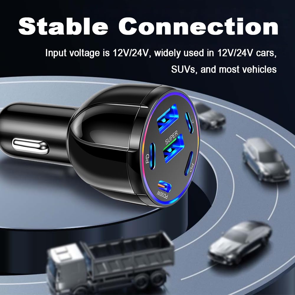 Cargador de coche de 6 puertos USB C y USB A, adaptador de cargador de coche ultrarrápido de 75 W con Super/PD30W/PD/3.1A, adaptador universal de 12V/24V para encendedor de coche, adaptador USB para